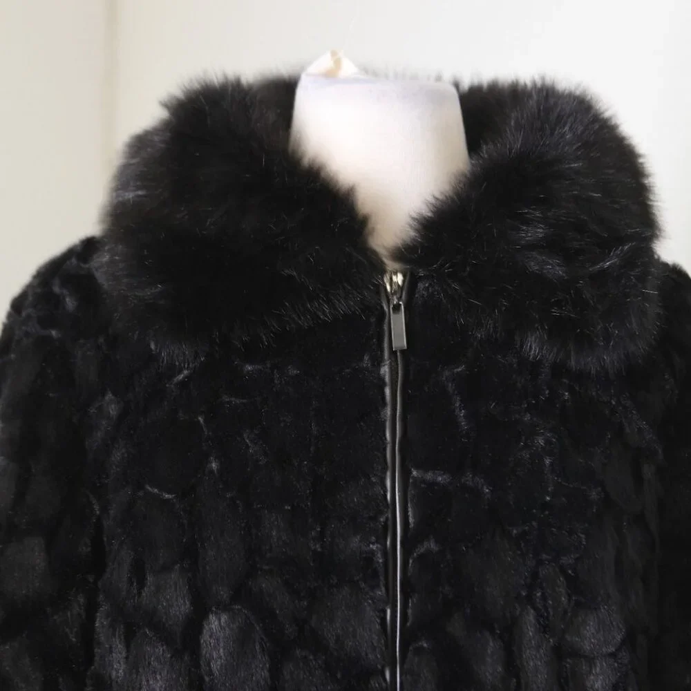 ADRIENNE LANDAU BLACK COLLARED FAUX FUR LONG SLEEVE JACKET COAT LG & XL NWT $275 - Picture 8 of 10
